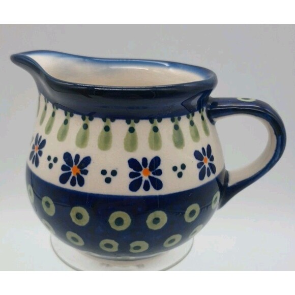 3” Boleslawiec Polish Pottery Small Creamer Pitcher Hand Made Poland Blue Green - Picture 1 of 7